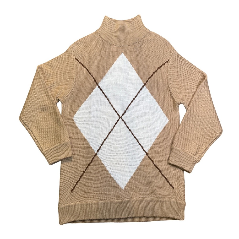 Womens Tan Merino Wool & Cashmere Argyle Mock Neck‎ Sweater Long Sleeve